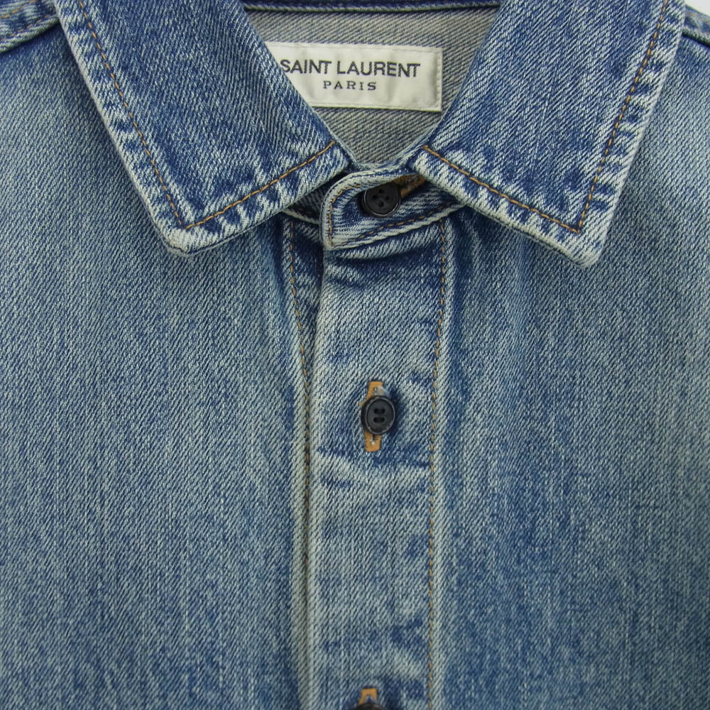 SAINT LAURENT サンローラン 23AW 753029 Y07JA Cassandre カサンドラ ロゴ 刺繍 デニム シャツ インディゴブルー系 S【美品】【中古】