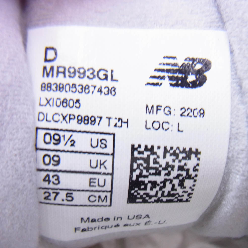NEW BALANCE ニューバランス MR993GL USA製 NB グレー スエード ローカット スニーカー グレー系 D 27.5cm【新古品】【未使用】【中古】