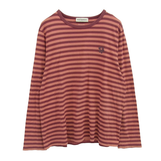 marimekko マリメッコ プリント ロゴ ボーダー カットソ― 長袖 Tシャツ エンジ系 M【中古】