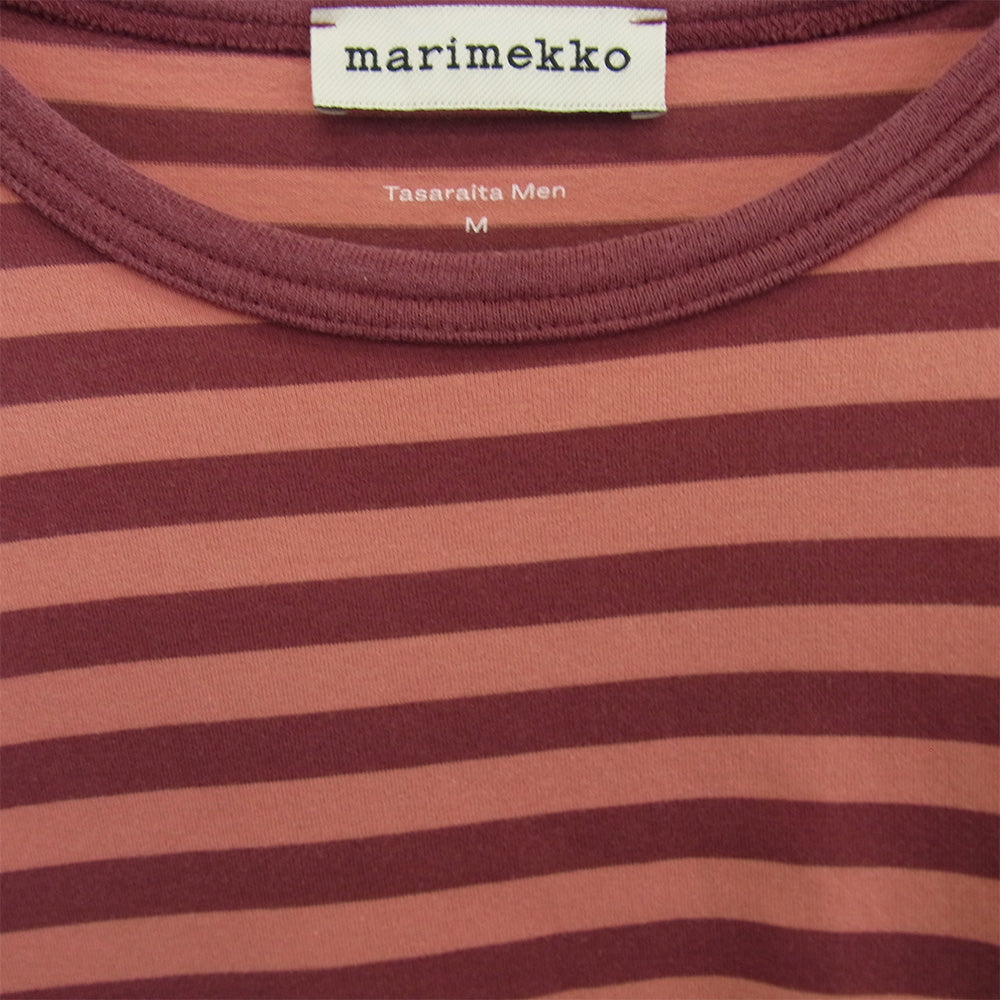 marimekko マリメッコ プリント ロゴ ボーダー カットソ― 長袖 Tシャツ エンジ系 M【中古】