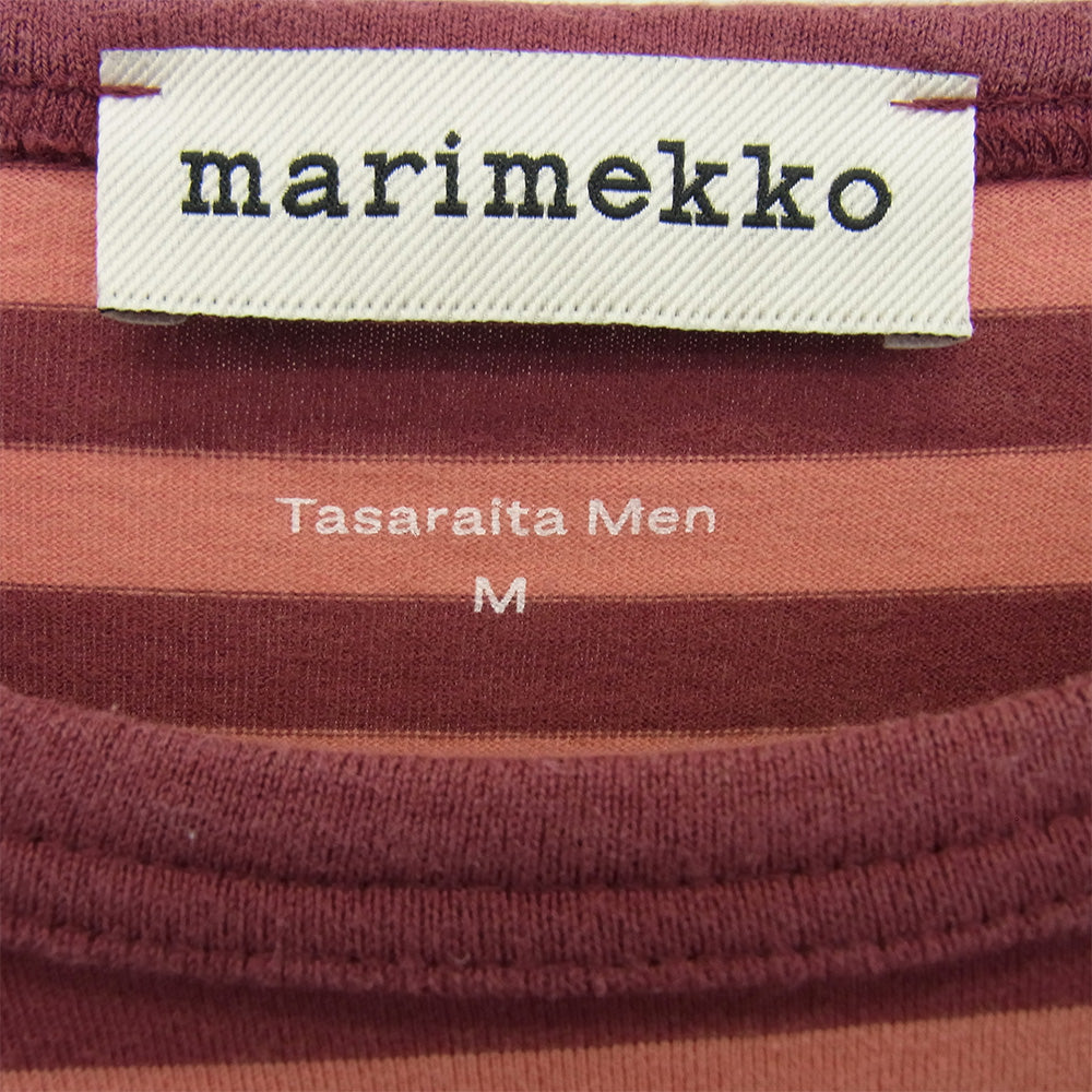 marimekko マリメッコ プリント ロゴ ボーダー カットソ― 長袖 Tシャツ エンジ系 M【中古】