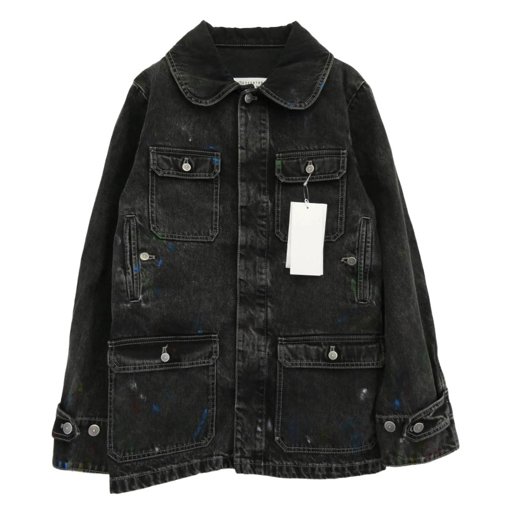MAISON MARGIELA メゾンマルジェラ 22AW S51AM0475 S30842 1ライン 10ライン 四つタグ ペンキ加工 ペイント ブラックデニム 丸襟 カバーオール ジャケット ブラック系 36【極上美品】【中古】