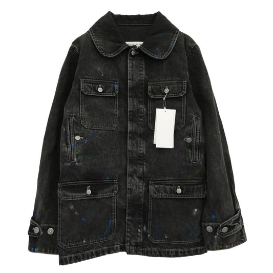 MAISON MARGIELA メゾンマルジェラ 22AW S51AM0475 S30842 1ライン 10ライン 四つタグ ペンキ加工 ペイント ブラックデニム 丸襟 カバーオール ジャケット ブラック系 36【極上美品】【中古】