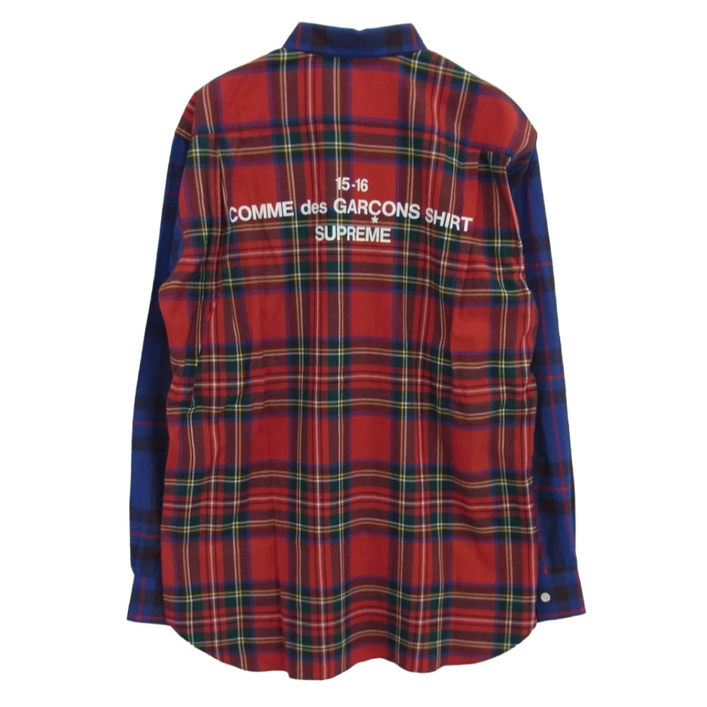 Supreme シュプリーム 15AW S1FW15 COMME des GARCONS SHIRT コムデギャルソンシャツ バックロゴプリント チェック切替 長袖 シャツ ブルー系 レッド系 マルチカラー系 S【美品】【中古】