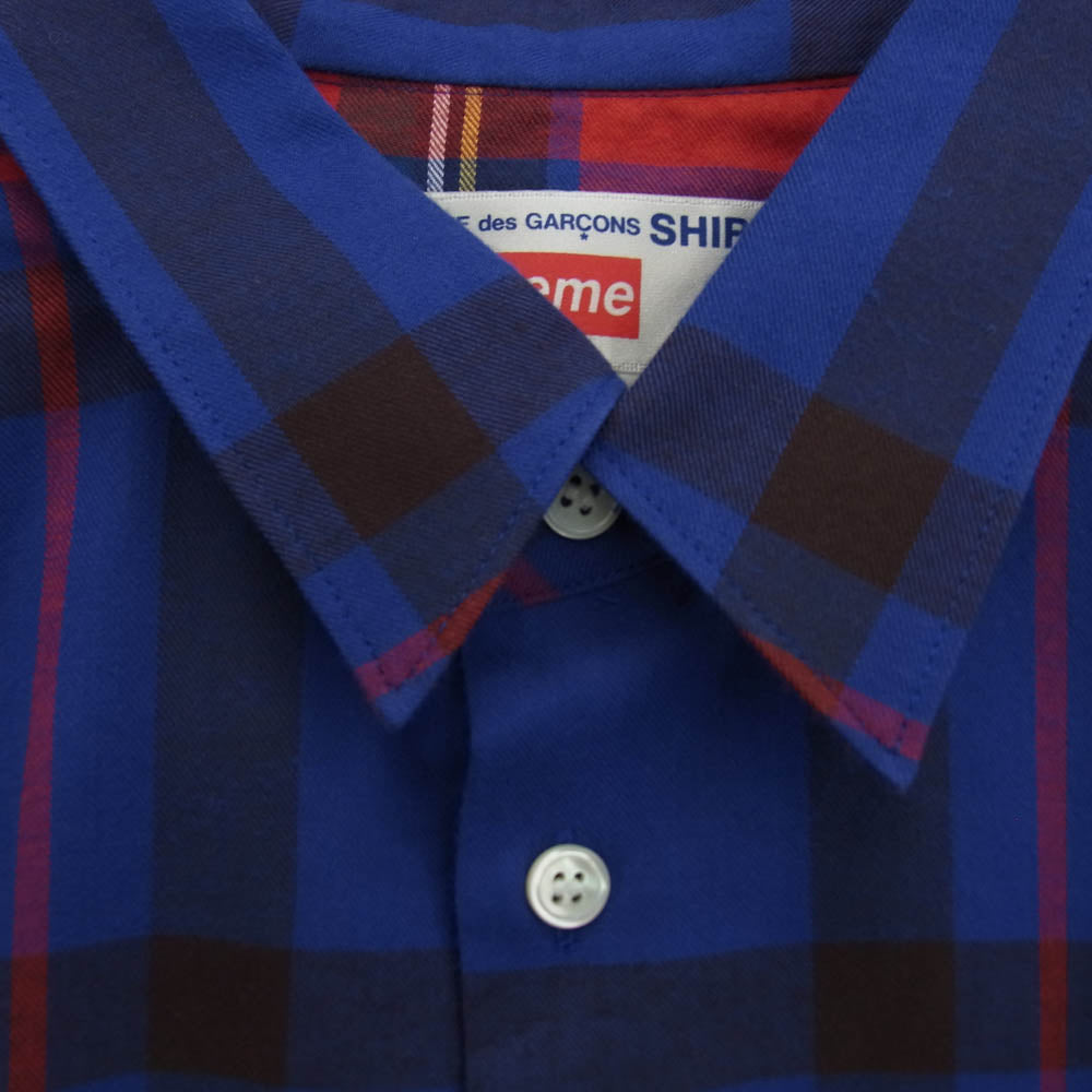 Supreme シュプリーム 15AW S1FW15 COMME des GARCONS SHIRT コムデギャルソンシャツ バックロゴプリント チェック切替 長袖 シャツ ブルー系 レッド系 マルチカラー系 S【美品】【中古】