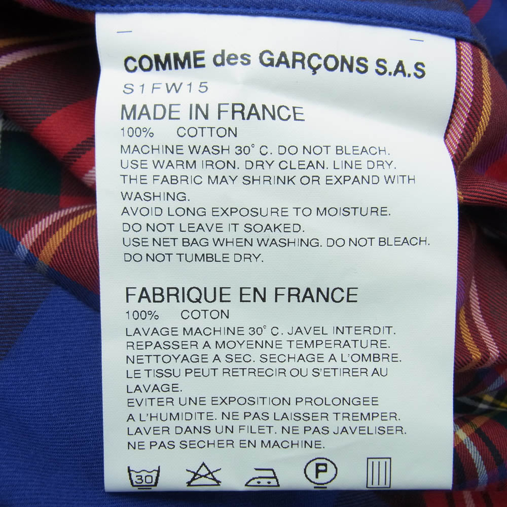 Supreme シュプリーム 15AW S1FW15 COMME des GARCONS SHIRT コムデギャルソンシャツ バックロゴプリント チェック切替 長袖 シャツ ブルー系 レッド系 マルチカラー系 S【美品】【中古】