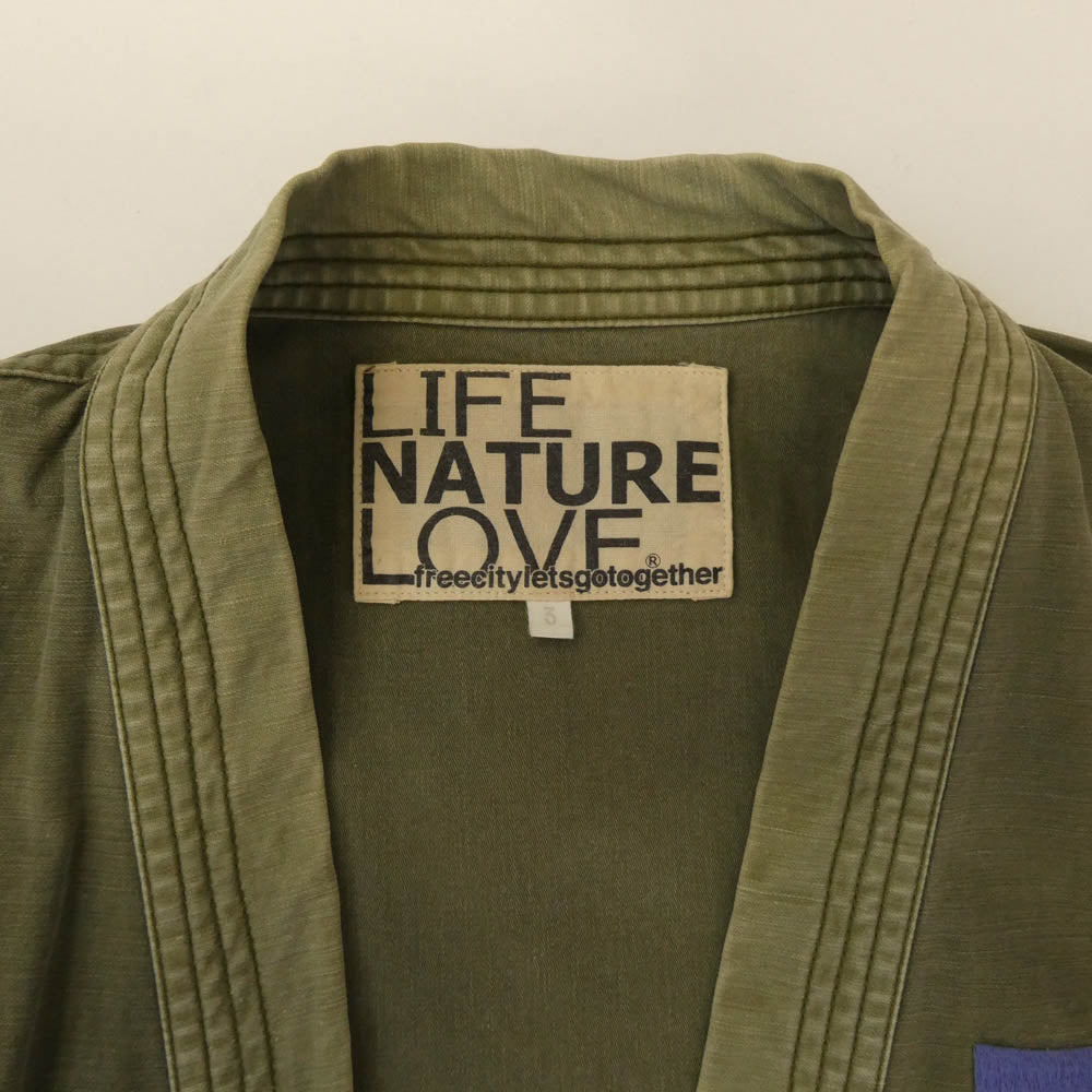 フリーシティ 700057-187 LIFE NATURE LOVE カラーブロック ミリタリー 作務衣 着物 キモノ ジャケット カーキ系 3【中古】