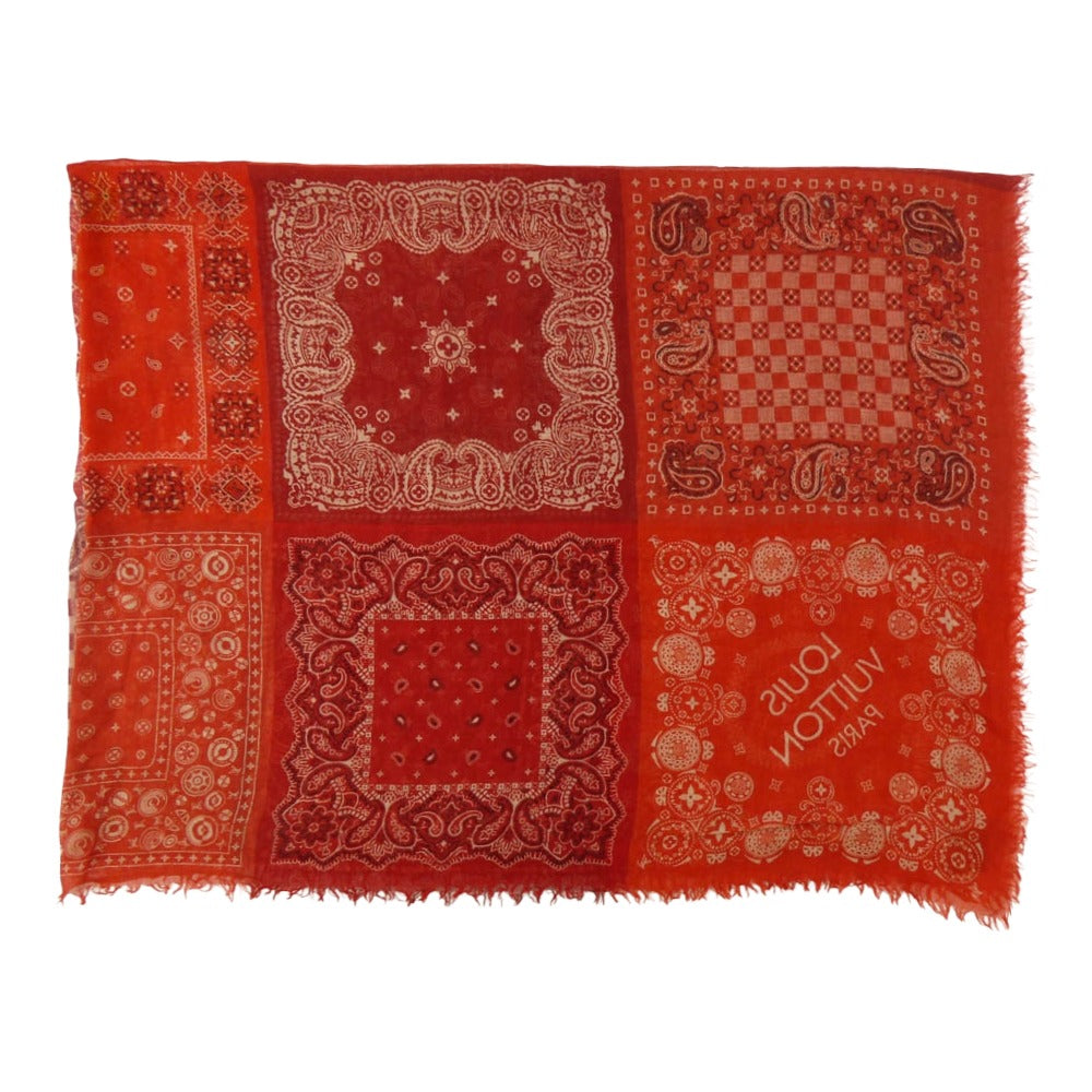 LOUIS VUITTON ルイ・ヴィトン M75267 モノグラム ペイズリー バンダナ カシミヤ シルク 大判ストール レッド系【中古】