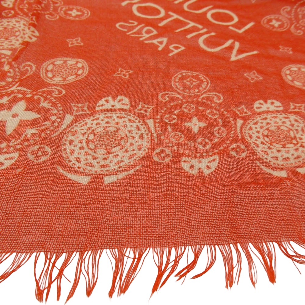 LOUIS VUITTON ルイ・ヴィトン M75267 モノグラム ペイズリー バンダナ カシミヤ シルク 大判ストール レッド系【中古】