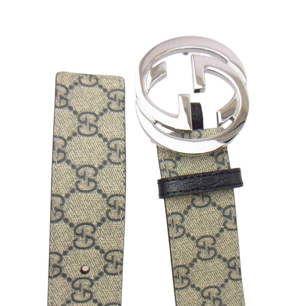 GUCCI グッチ 114984 525040 グッチシマ GG インターロッキングGバックル シルバー金具 レザー ベルト グレー系 ネイビー系【美品】【中古】