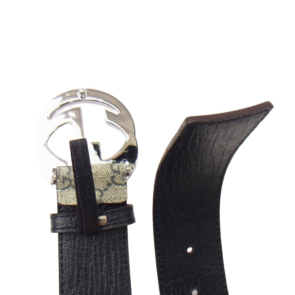 GUCCI グッチ 114984 525040 グッチシマ GG インターロッキングGバックル シルバー金具 レザー ベルト グレー系 ネイビー系【美品】【中古】