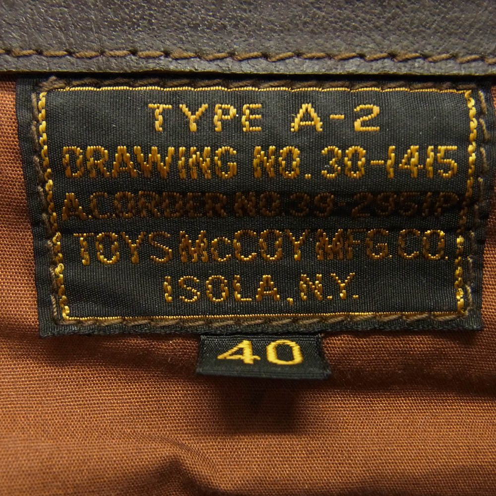 TOY'S McCOY トイズマッコイ TYPE A-2 ROUGH WEAR CLOTHING ラフウェア 実名 1939 ハンプトリップ レザー ジャケット ブラウン系 40【中古】