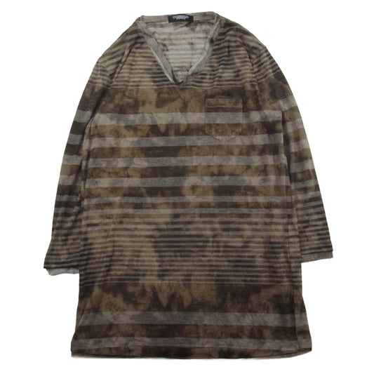 TORNADO MART トルネードマート TCS-1206 擦れボーダー プリント ポケット付き Vネック 長袖 カットソー Tシャツ ブラウン系【中古】