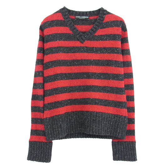 DOLCE&GABBANA ドルチェアンドガッバーナ 16AW GC280K ネップデザイン Vネック ボーダー ニット レッド系 ダークグレー系 44【中古】