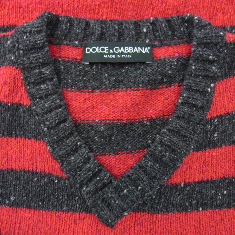 DOLCE&GABBANA ドルチェアンドガッバーナ 16AW GC280K ネップデザイン Vネック ボーダー ニット レッド系 ダークグレー系 44【中古】