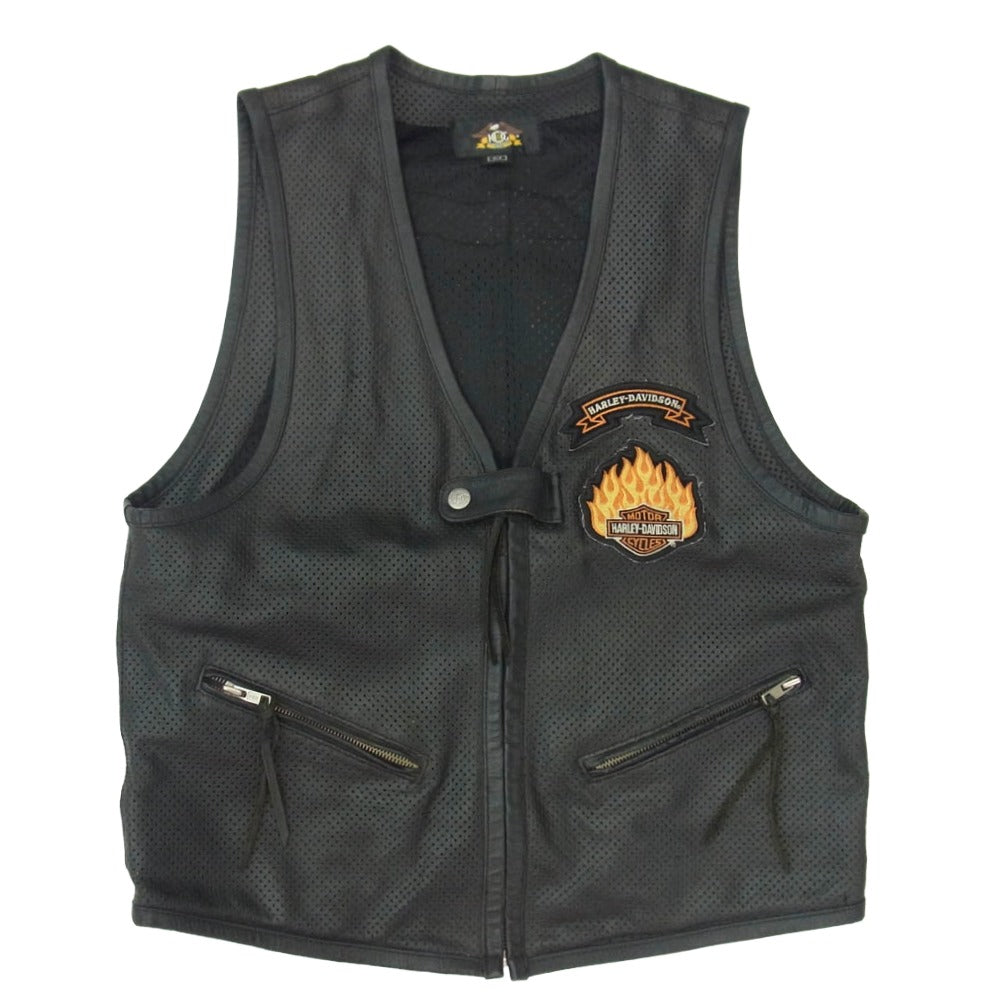 HARLEY DAVIDSON ハーレーダビッドソン ロゴ ワッペン レザー メッシュ ベスト ブラック系 M【中古】