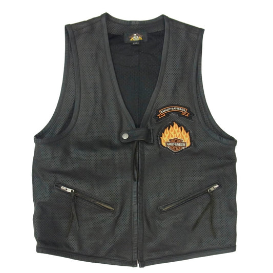 HARLEY DAVIDSON ハーレーダビッドソン ロゴ ワッペン レザー メッシュ ベスト ブラック系 M【中古】