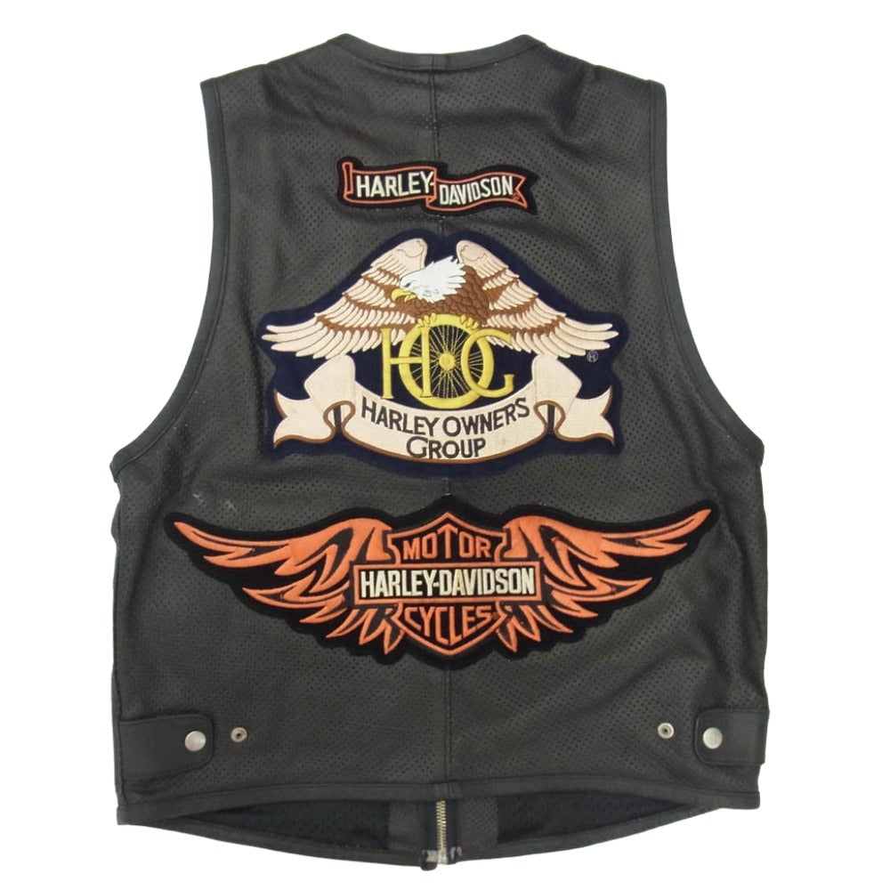HARLEY DAVIDSON ハーレーダビッドソン ロゴ ワッペン レザー メッシュ ベスト ブラック系 M【中古】