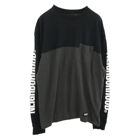 NEIGHBORHOOD ネイバーフッド 23AW 232UNNH-CSM04 BICOLOR CREWNECK LS バイカラー クルーネック 長袖 Tシャツ ツインアームフルロゴ プリント ロンT カットソー ブラック系 チャコール系 L【中古】