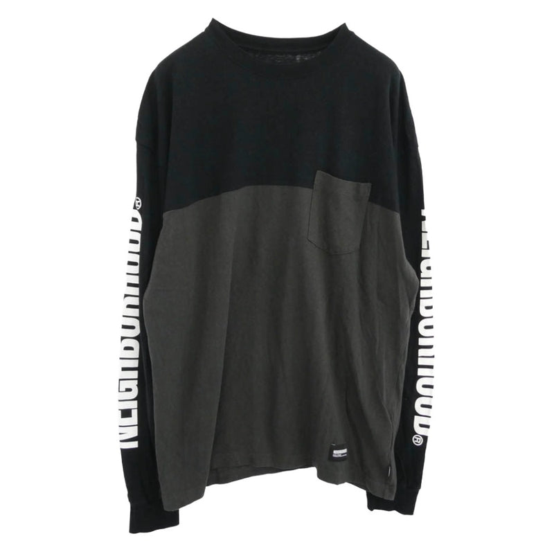 NEIGHBORHOOD ネイバーフッド 23AW 232UNNH-CSM04 BICOLOR CREWNECK LS バイカラー クルーネック 長袖 Tシャツ ツインアームフルロゴ プリント ロンT カットソー ブラック系 チャコール系 L【中古】