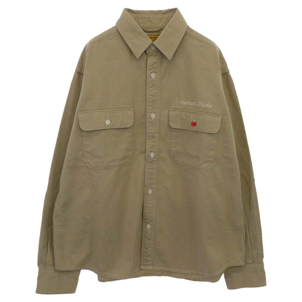 HUMAN MADE ヒューマンメイド 25AW HM30SH014 OVERSIZED SHIRT オーバーサイズ ワイドフィット 長袖 コットンツイル ワークシャツ バックプリント チェーン刺繍 ハートボタン ベージュ系 L【中古】