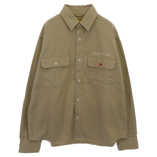 HUMAN MADE ヒューマンメイド 25AW HM30SH014 OVERSIZED SHIRT オーバーサイズ ワイドフィット 長袖 コットンツイル ワークシャツ バックプリント チェーン刺繍 ハートボタン ベージュ系 L【中古】