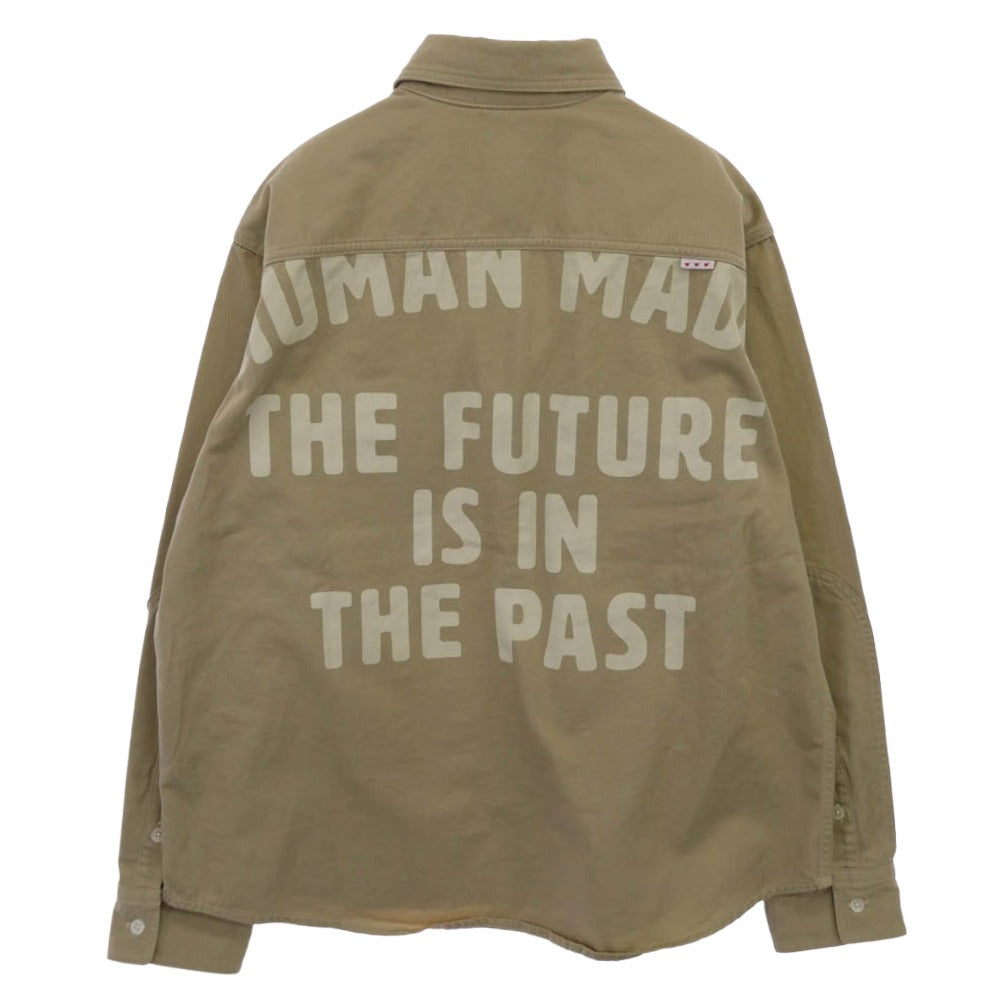 HUMAN MADE ヒューマンメイド 25AW HM30SH014 OVERSIZED SHIRT オーバーサイズ ワイドフィット 長袖 コットンツイル ワークシャツ バックプリント チェーン刺繍 ハートボタン ベージュ系 L【中古】