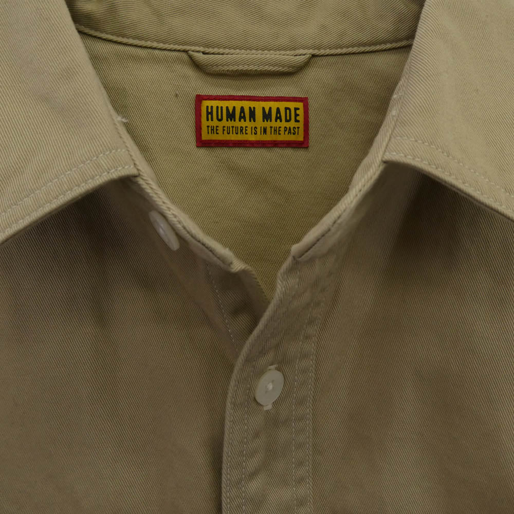 HUMAN MADE ヒューマンメイド 25AW HM30SH014 OVERSIZED SHIRT オーバーサイズ ワイドフィット 長袖 コットンツイル ワークシャツ バックプリント チェーン刺繍 ハートボタン ベージュ系 L【中古】