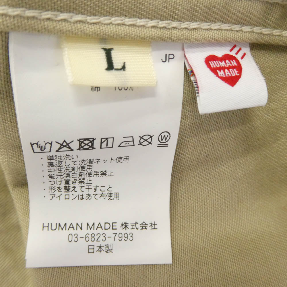 HUMAN MADE ヒューマンメイド 25AW HM30SH014 OVERSIZED SHIRT オーバーサイズ ワイドフィット 長袖 コットンツイル ワークシャツ バックプリント チェーン刺繍 ハートボタン ベージュ系 L【中古】