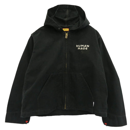 HUMAN MADE ヒューマンメイド 25AW WASHED HOODED JACKET チェーンステッチ 刺繍 ウォッシュド ハートボタン キャンバス生地 フーデッド ジャケット ワーク アクティブ ブラック系 L【中古】