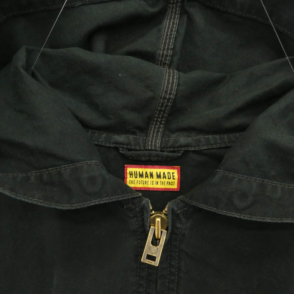 HUMAN MADE ヒューマンメイド 25AW WASHED HOODED JACKET チェーンステッチ 刺繍 ウォッシュド ハートボタン キャンバス生地 フーデッド ジャケット ワーク アクティブ ブラック系 L【中古】