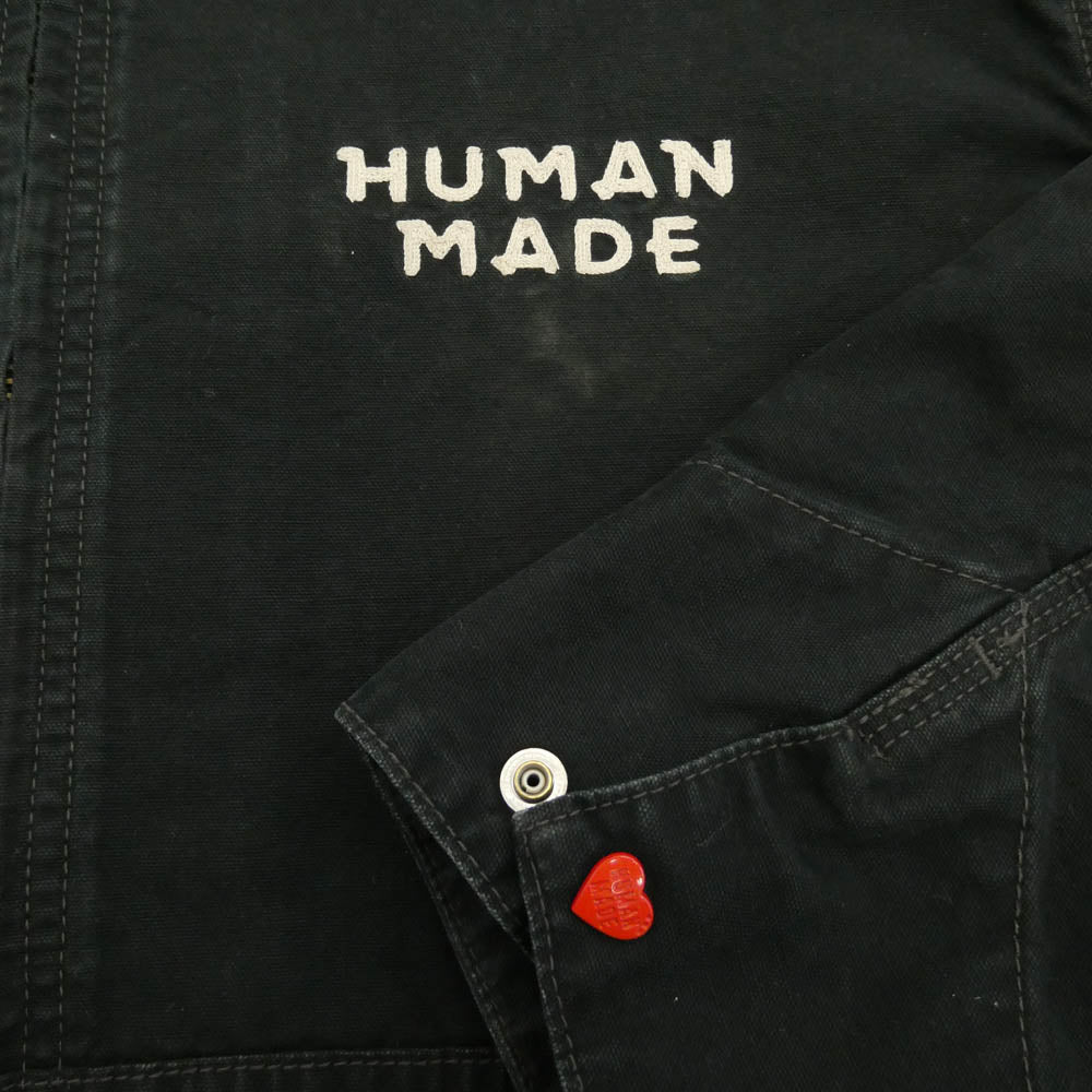 HUMAN MADE ヒューマンメイド 25AW WASHED HOODED JACKET チェーンステッチ 刺繍 ウォッシュド ハートボタン キャンバス生地 フーデッド ジャケット ワーク アクティブ ブラック系 L【中古】