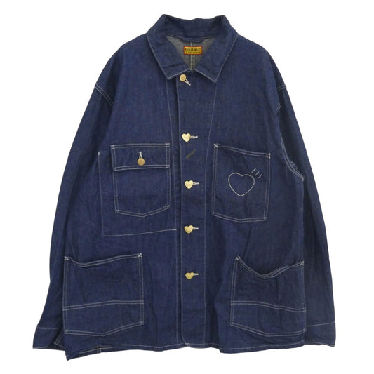 HUMAN MADE ヒューマンメイド 25SS DENIM COVERALL JACKET Indigo チェーンステッチ 刺繍 真鍮製 ハートボタン インディゴ デニム カバーオール ジャケット インディゴブルー系 L【中古】