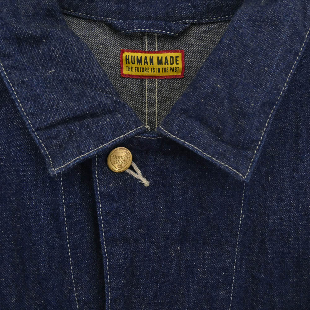 HUMAN MADE ヒューマンメイド 25SS DENIM COVERALL JACKET Indigo チェーンステッチ 刺繍 真鍮製 ハートボタン インディゴ デニム カバーオール ジャケット インディゴブルー系 L【中古】