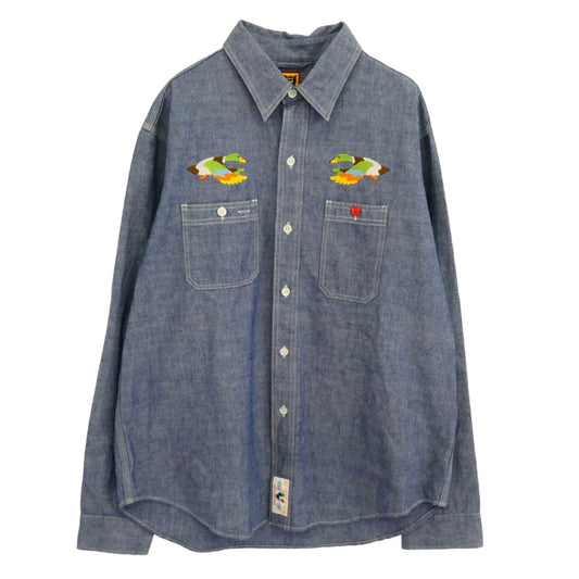 HUMAN MADE ヒューマンメイド DUCK CHAMBRAY L/S SHIRT ダック刺繍 シャンブレー 長袖シャツ ブルー系 L【美品】【中古】