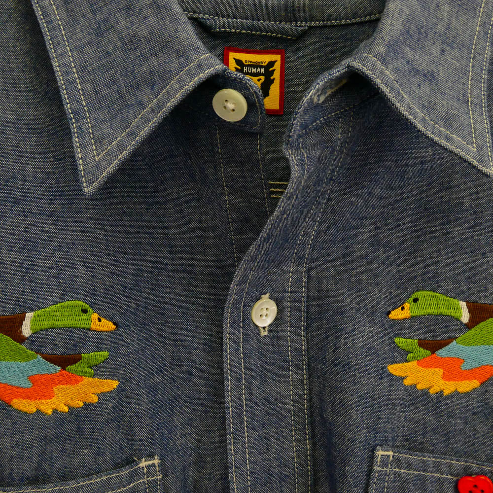 HUMAN MADE ヒューマンメイド DUCK CHAMBRAY L/S SHIRT ダック刺繍 シャンブレー 長袖シャツ ブルー系 L【美品】【中古】