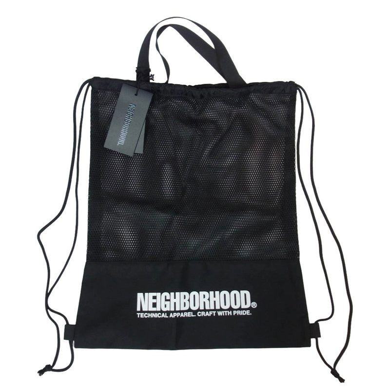 NEIGHBORHOOD ネイバーフッド 25SS 251FJNH-CG02 MESH DRAWSTRING TOTE BAG メッシュ ドローストリング ナップサック ロゴ トートバッグ ブラック系 F【新古品】【未使用】【中古】