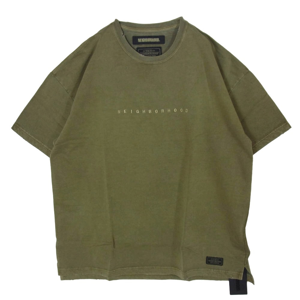 NEIGHBORHOOD ネイバーフッド 19AW 192FPNH-CSM01S SAVAGE SQD C-CREW SS ダメージ加工 ロゴ刺繍 クルーネック コットン半袖 Tシャツ カットソー 厚手 OLIVE DRAB L【新古品】【未使用】【中古】