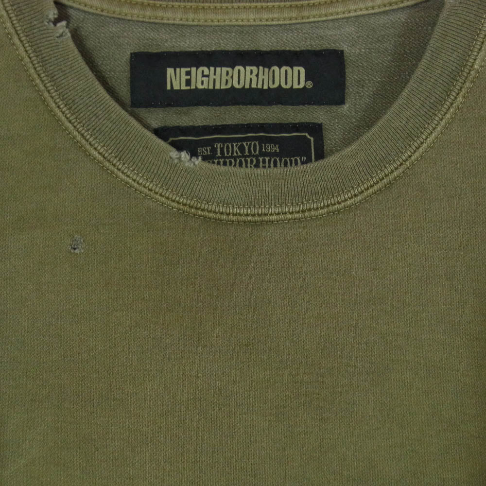 NEIGHBORHOOD ネイバーフッド 19AW 192FPNH-CSM01S SAVAGE SQD C-CREW SS ダメージ加工 ロゴ刺繍 クルーネック コットン半袖 Tシャツ カットソー 厚手 OLIVE DRAB L【新古品】【未使用】【中古】