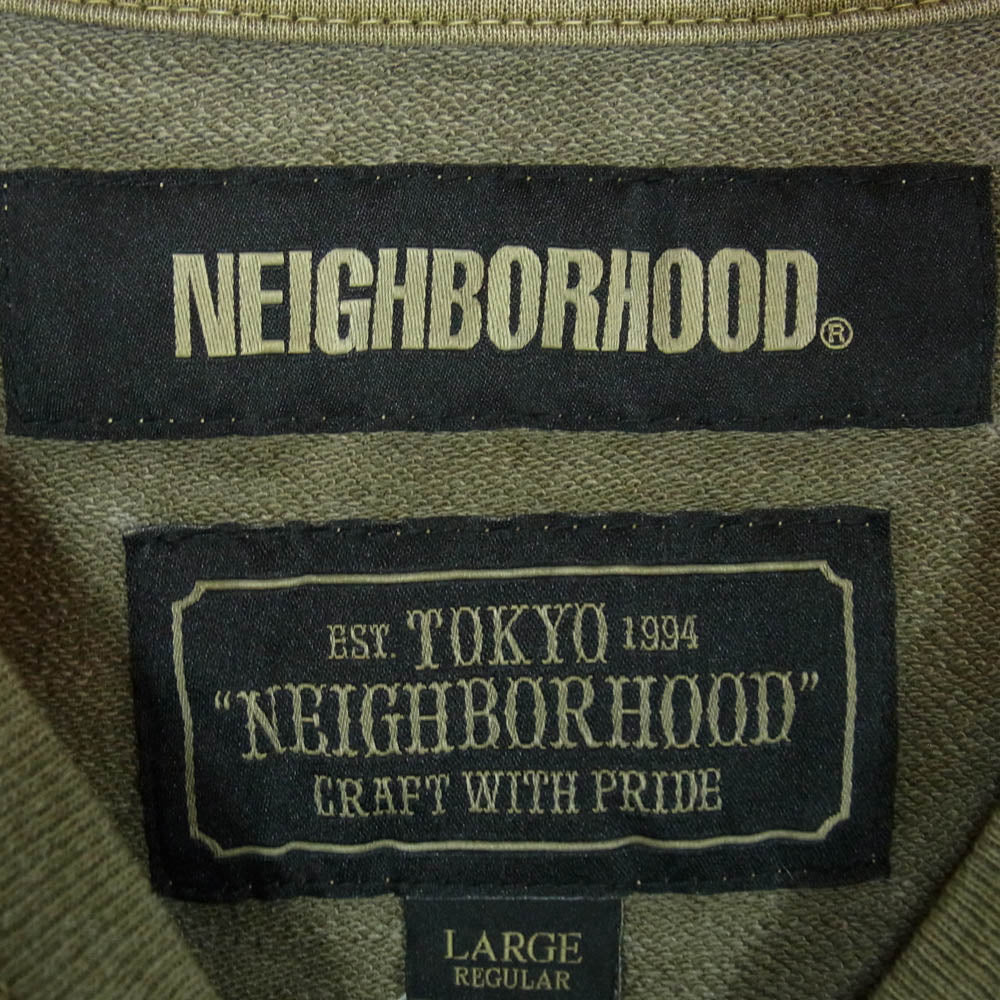 NEIGHBORHOOD ネイバーフッド 19AW 192FPNH-CSM01S SAVAGE SQD C-CREW SS ダメージ加工 ロゴ刺繍 クルーネック コットン半袖 Tシャツ カットソー 厚手 OLIVE DRAB L【新古品】【未使用】【中古】