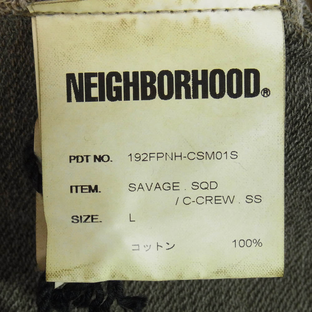 NEIGHBORHOOD ネイバーフッド 19AW 192FPNH-CSM01S SAVAGE SQD C-CREW SS ダメージ加工 ロゴ刺繍 クルーネック コットン半袖 Tシャツ カットソー 厚手 OLIVE DRAB L【新古品】【未使用】【中古】