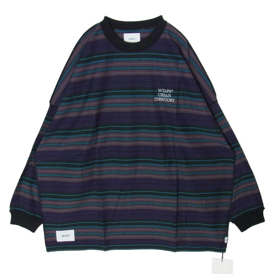 WTAPS ダブルタップス 22SS 221ATDT-CSM32 JAM 02LS ジャム ボーダー クルーネック ロゴ刺繍 長袖 Ｔシャツ カットソー パープル系 4【新古品】【未使用】【中古】