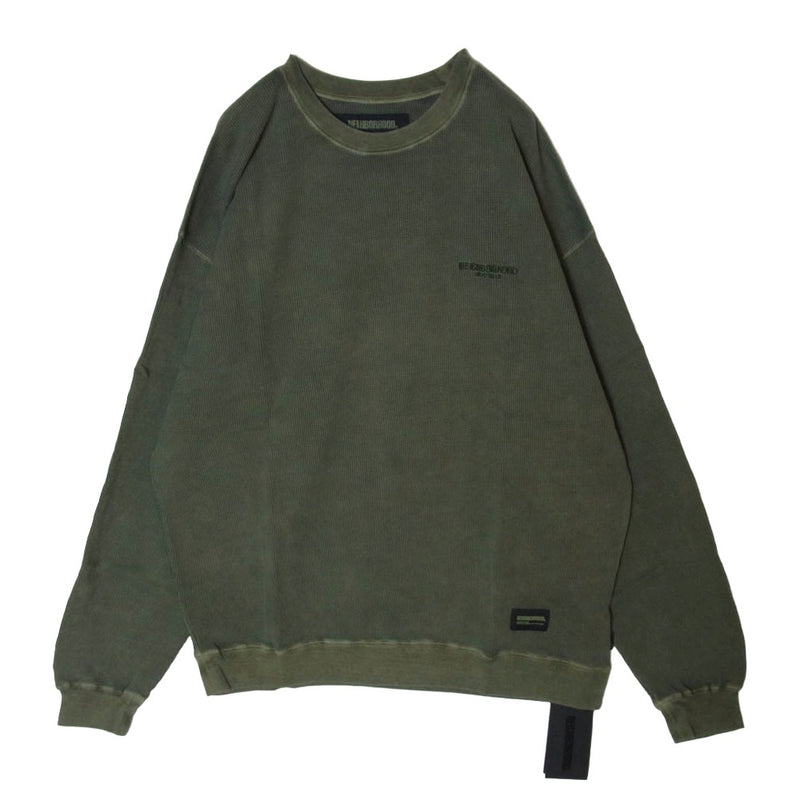 NEIGHBORHOOD ネイバーフッド 25SS 251FPNH-CSM15 PIGMENT DYED WAFFLE FABRIC CREWNECK LS ロゴ刺繍 ピグメントダイ ユーズド加工 長袖 サーマル カットソー OLIVE DARB XL【新古品】【未使用】【中古】