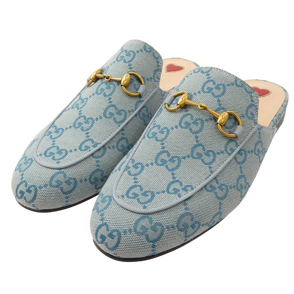 GUCCI グッチ 423514 GG ホースビット デニムキャンバス ミュール プリンスタウン スリッパ サンダル ライトブルー系 36【中古】
