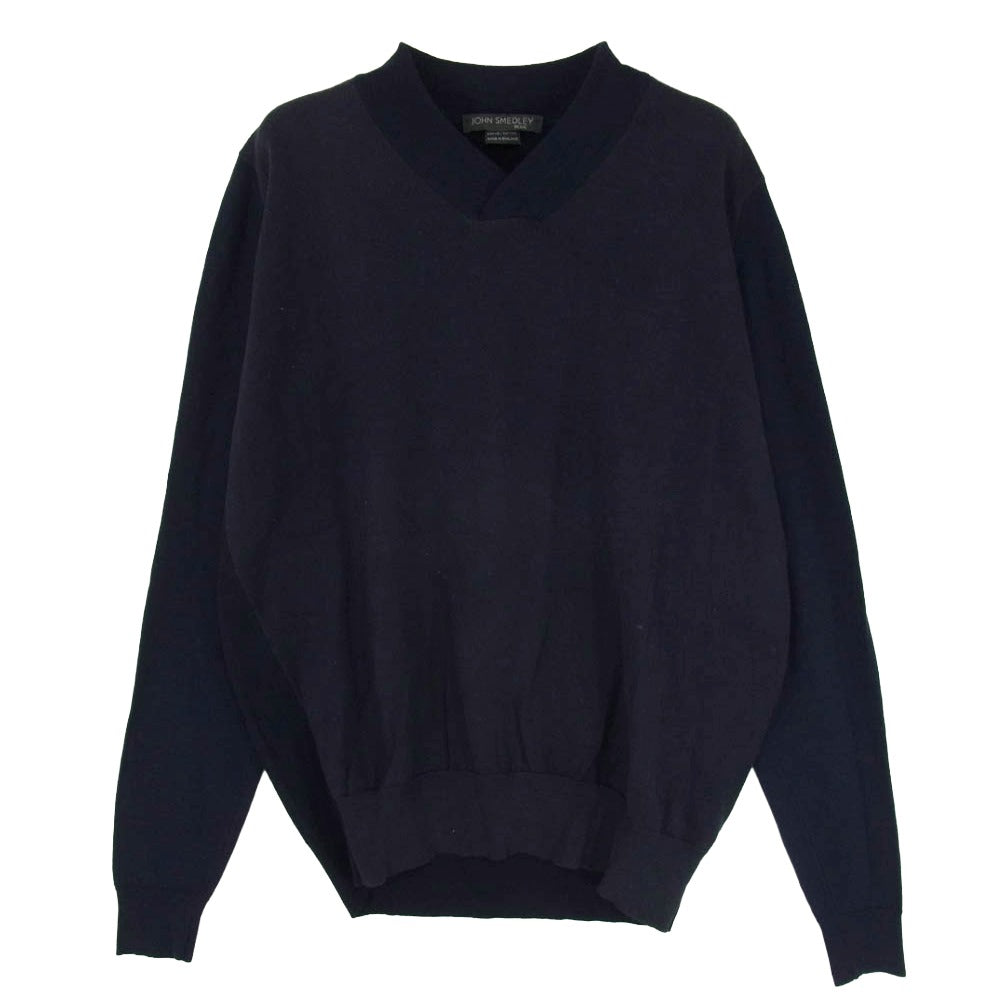 JOHN SMEDLEY ジョンスメドレー 英国製 メリノウール×コットン Vネック ニット セーター ネイビー ネイビー系 L【中古】