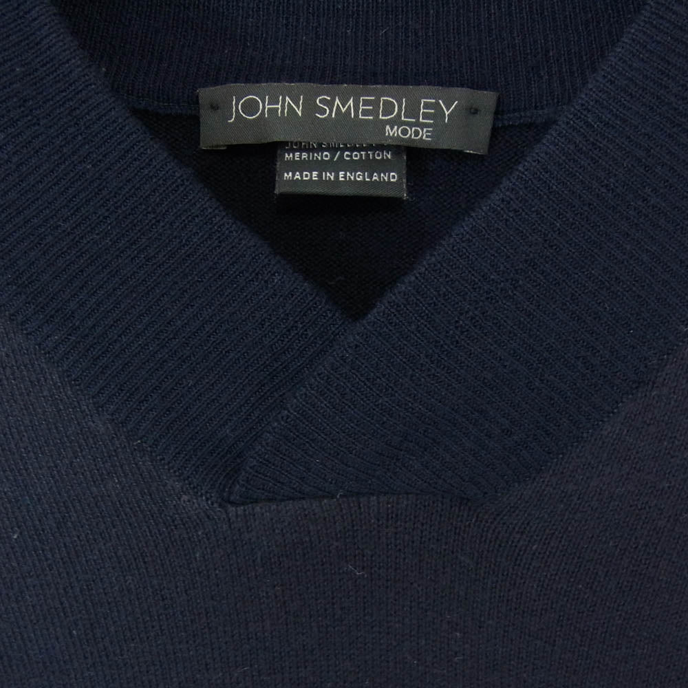 JOHN SMEDLEY ジョンスメドレー 英国製 メリノウール×コットン Vネック ニット セーター ネイビー ネイビー系 L【中古】
