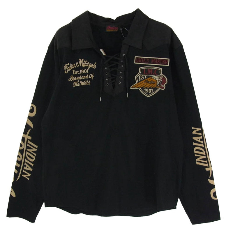 INDIAN MOTOCYCLE インディアン モトサイクル レースアップ プルオーバー シャツ ブラック系 XL【中古】