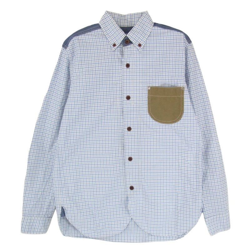 JUNYA WATANABE COMME des GARCONS MAN ジュンヤワタナベコムデギャルソンマン AD2013 WM-B034 異素材パッチワーク ボタンダウン チェック柄 長袖 シャツ ブルー系 S【中古】