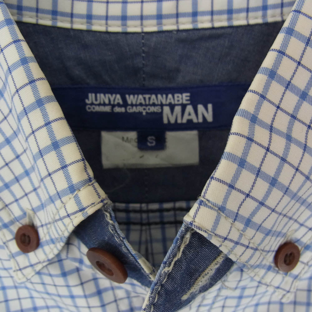 JUNYA WATANABE COMME des GARCONS MAN ジュンヤワタナベコムデギャルソンマン AD2013 WM-B034 異素材パッチワーク ボタンダウン チェック柄 長袖 シャツ ブルー系 S【中古】