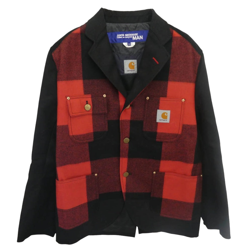 JUNYA WATANABE COMME des GARCONS MAN ジュンヤワタナベコムデギャルソンマン AD2021 WH-J006 CARHARTT カーハート Wool Surge Duck-Switched Check Jacket ウールサージ ダック切替 チェック柄 テーラードジャケット ブラック系 レッド系 XS【美品】【中古】